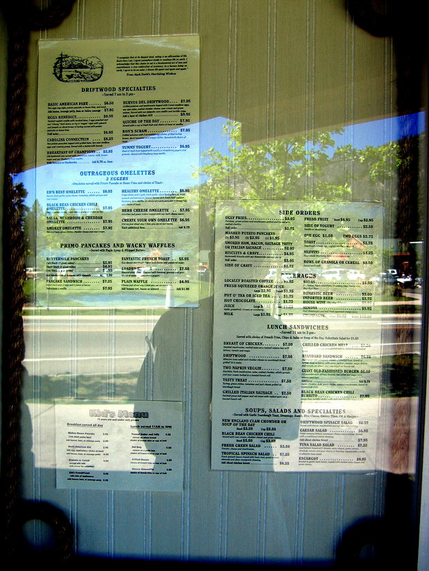Menu for Driftwood Café in South Lake Tahoe, California